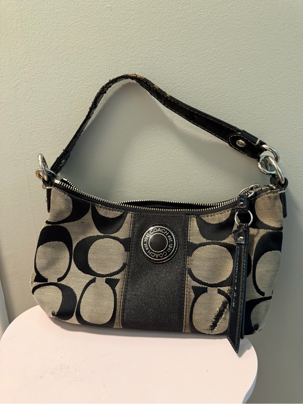 Coach Black and Khaki Signature Mini Shoulder Bag